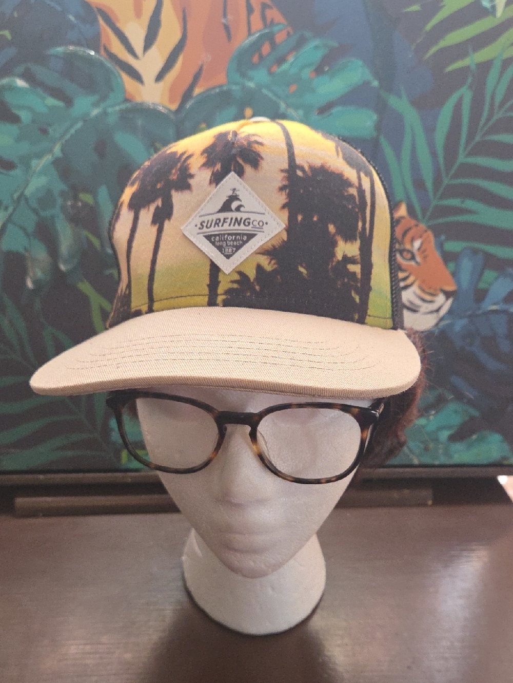 art class Surfing Co. Palm Tree Trucker Hat in Yellow, Black, Cream